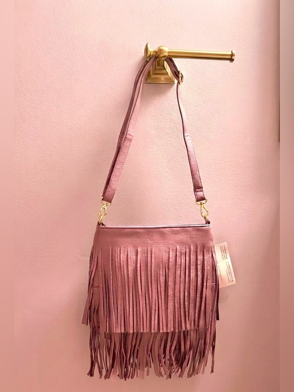 Fringed Boho, Festival Vegan Handbag W: Crossbody Strap. Dusty Rose. Large. NWT.